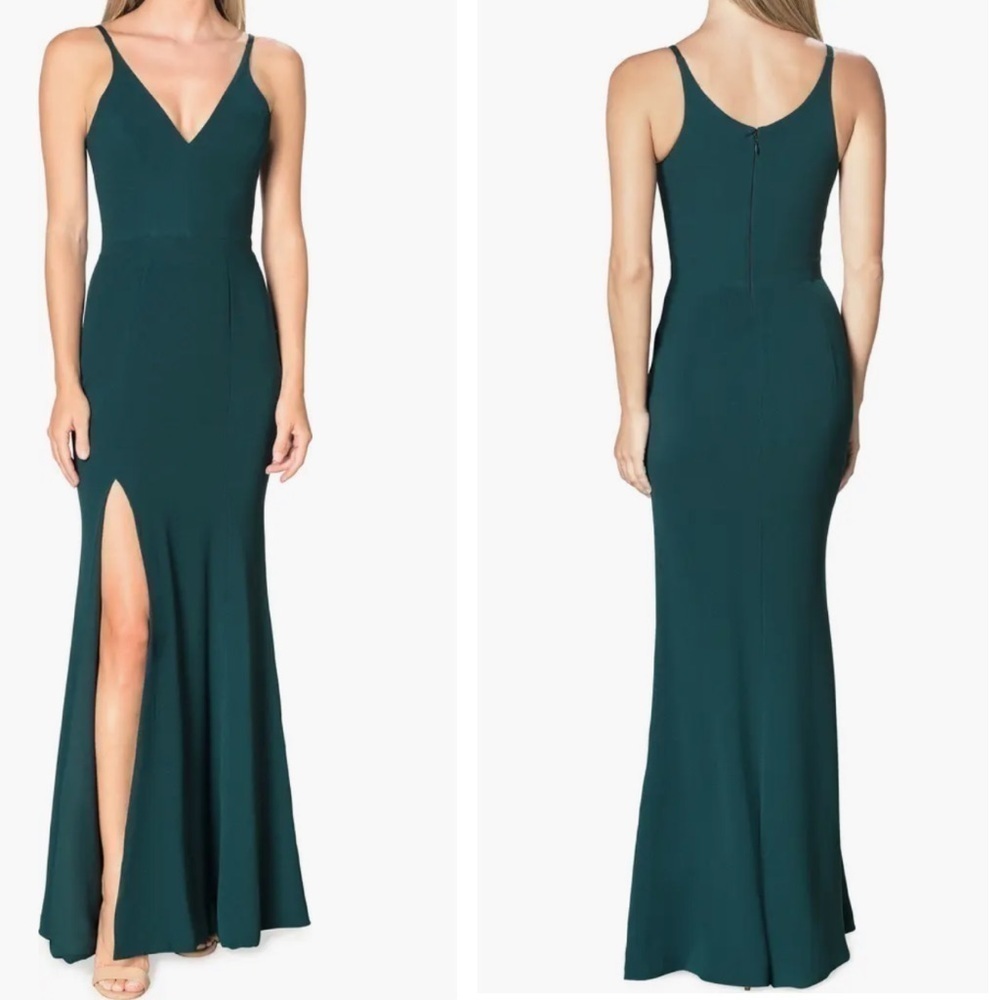 NWOT Dress the population IRIS slit crepe maxi gown v neck size L peacock blue